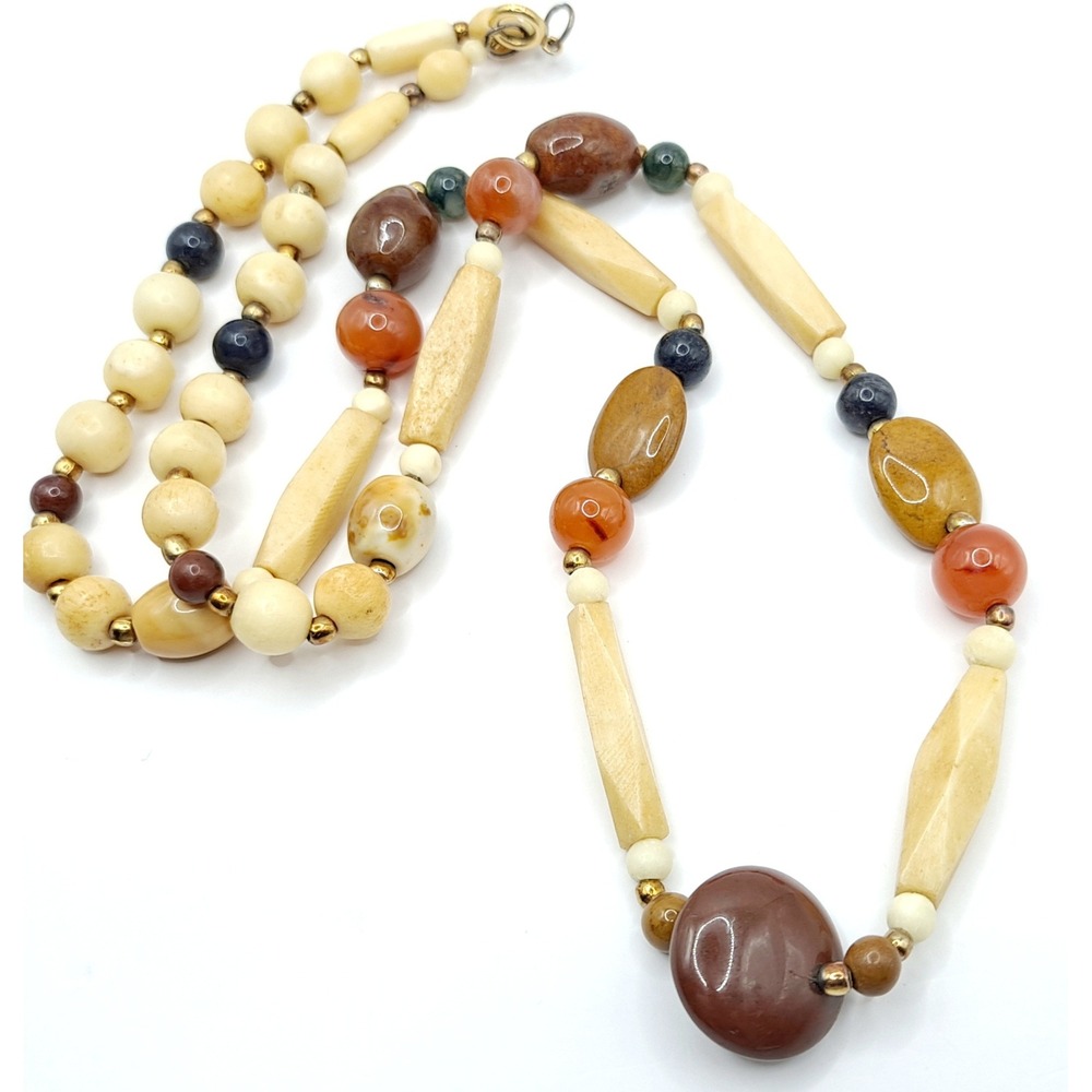 Vintage Beggars Bead Necklace Polished Stone Fall Earth Tones 28" - Picture 2 of 13